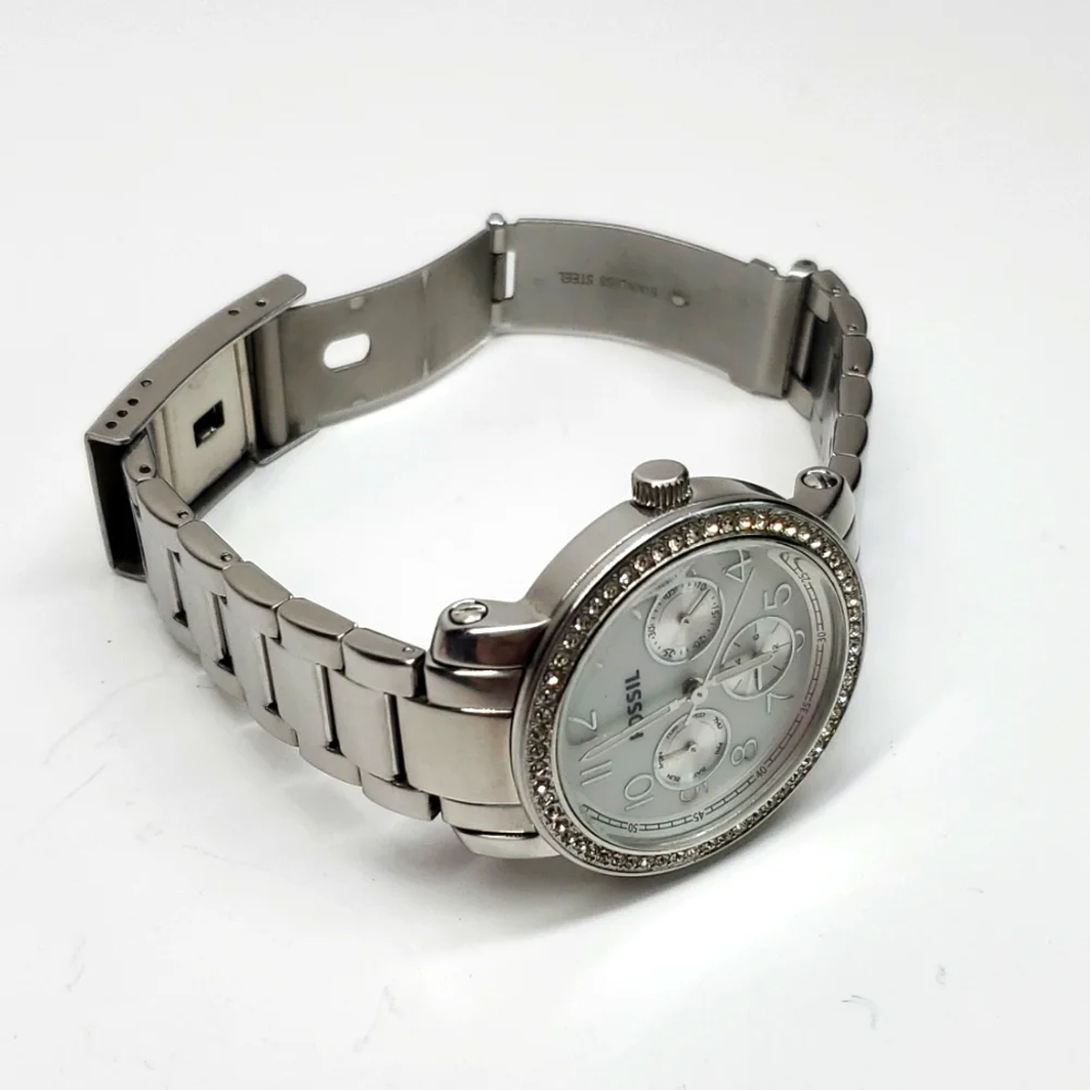 Fossil Watch ES2967 Silver Steel  Wristband Crystal Bezel Multifunction Watch